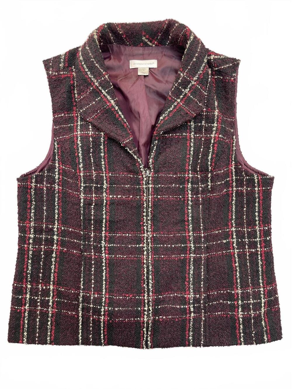 Christopher & Banks Womens Plaid Boucle Tweed Zip Vest Burgundy Red Size XL